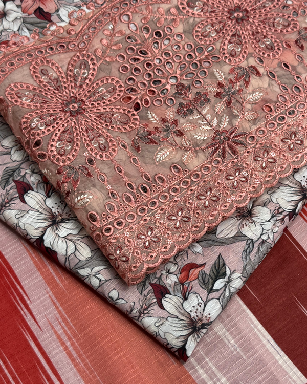 3pc Schiffli Bordered Digital Print Lawn with Voil Lawn Dupatta SBD-S25-0006