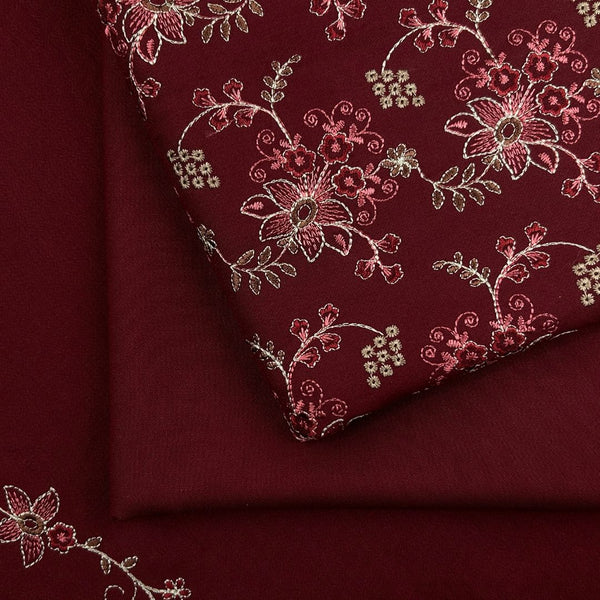 3Pc Alpine Embroidered With Embroidered Border Shawl Maroon AEBS-W25-0044